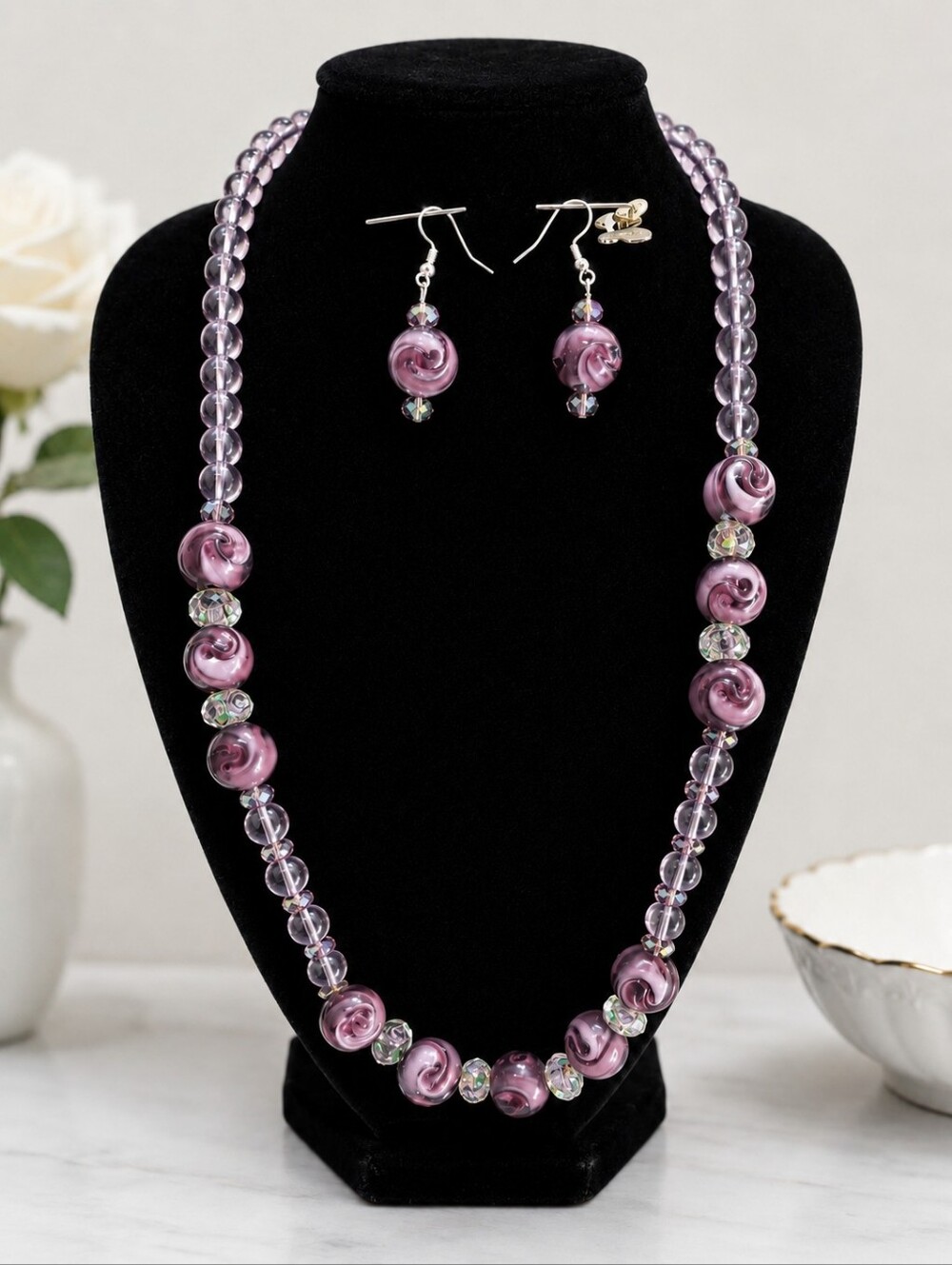 Handmade Mauve Murano-Style Lampwork Glass 22" Necklace & Earrings Set
